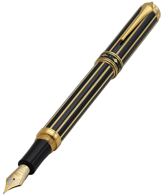 A Xezo Maestro® Streamliner Labradorite EF fountain pen with a glossy black and gold striped barrel, a gold nib, and a black grip, shown diagonally on a plain white background.