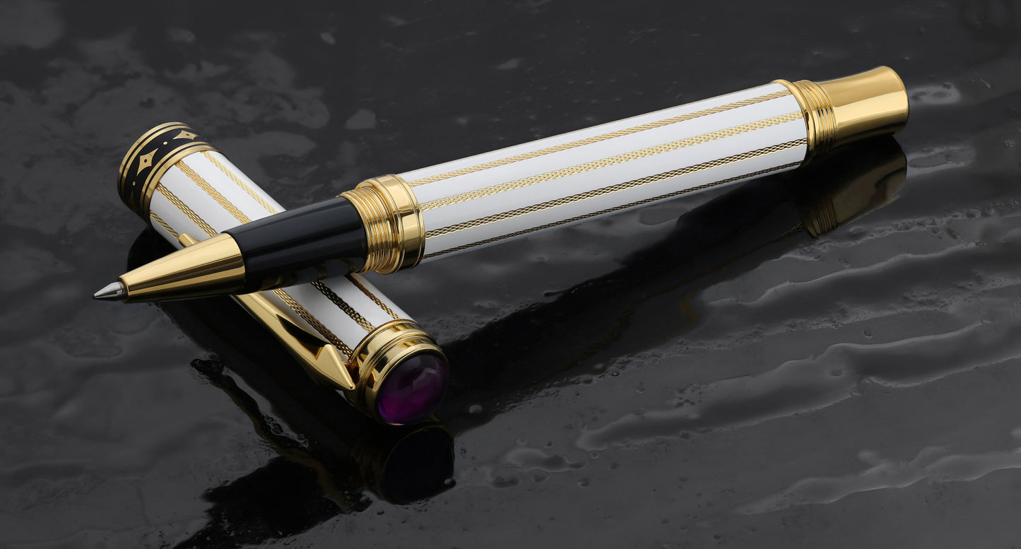 Xezo Maestro® Streamliner Amethyst R pen and cap displayed on a textured dark gray surface.