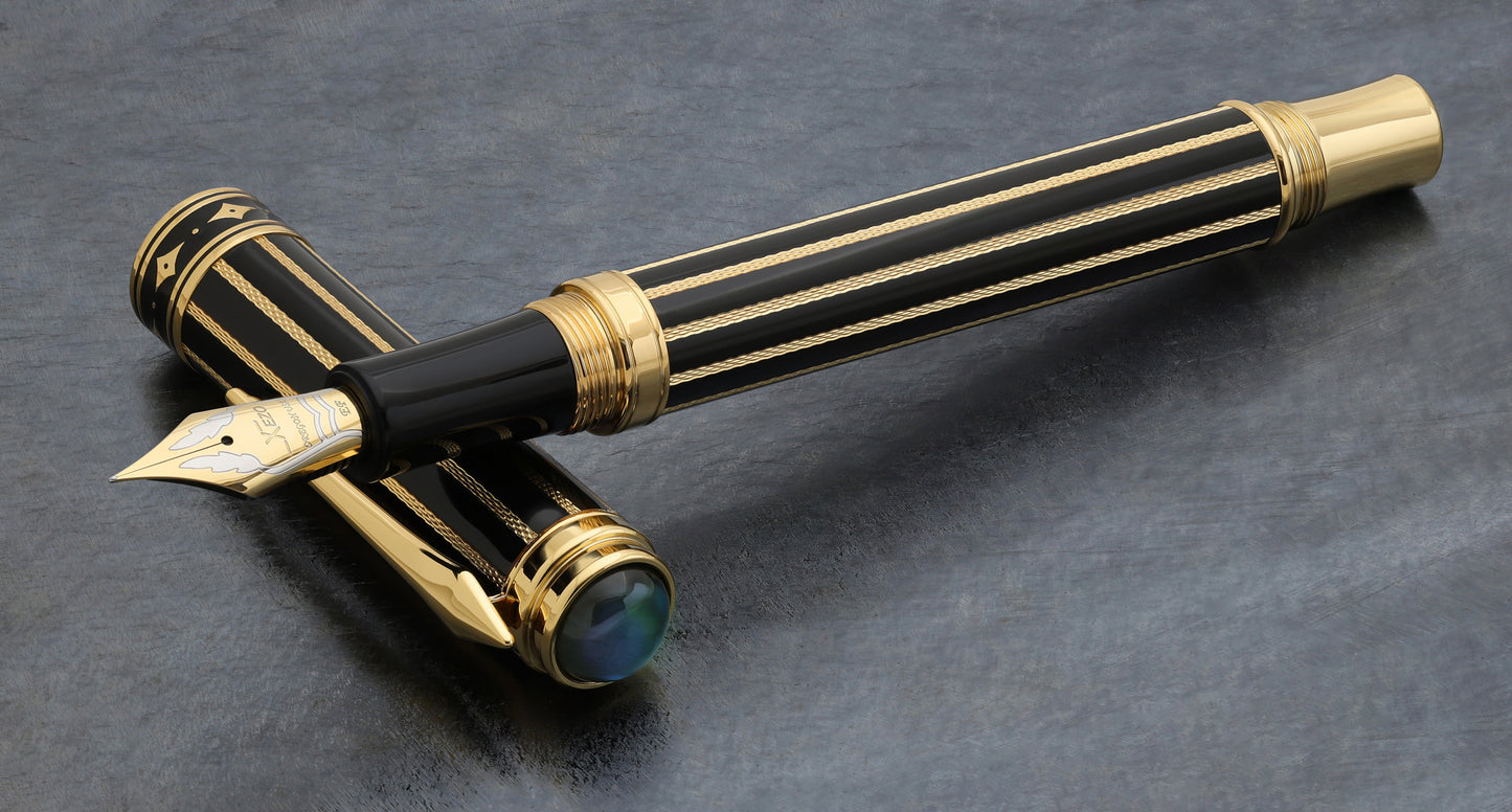 Xezo Maestro® Streamliner Labradorite EF pen and cap, pen and cap displayed on a textured dark gray surface.