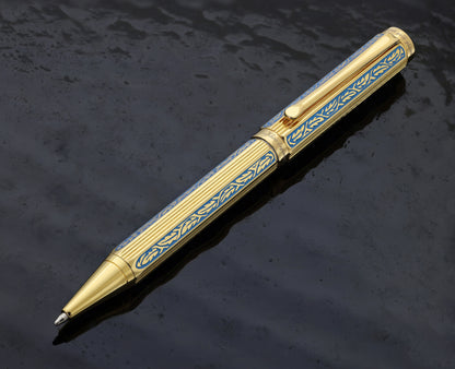 Legionnaire Diamond-Cut Twist-Action Ballpoint Pen – 18K Gold-Layered, Hand-Etched Egyptian Blue Lacquer