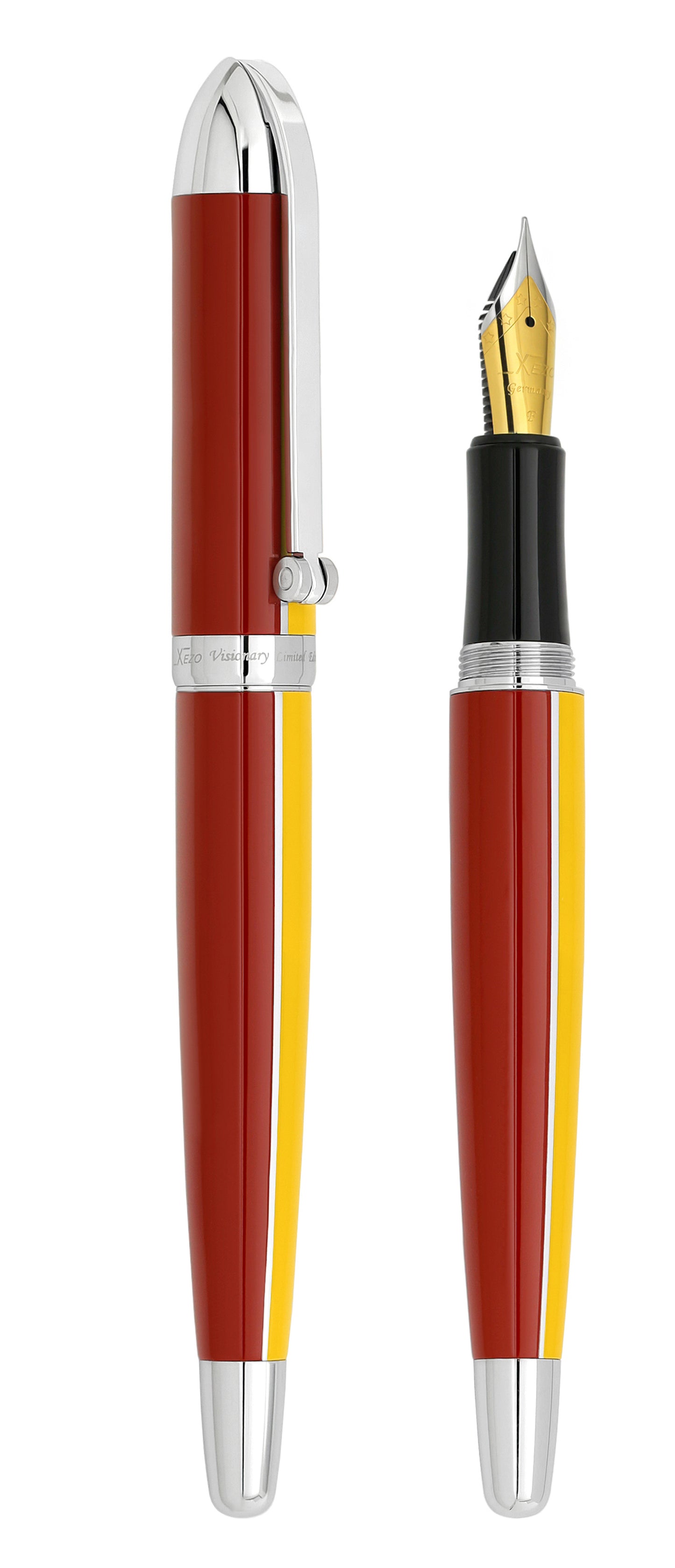 Xezo - Vertical view of two Visionary Aspen/Red F Fountain pens; the one on the left is capped, and the one on the right is uncapped
