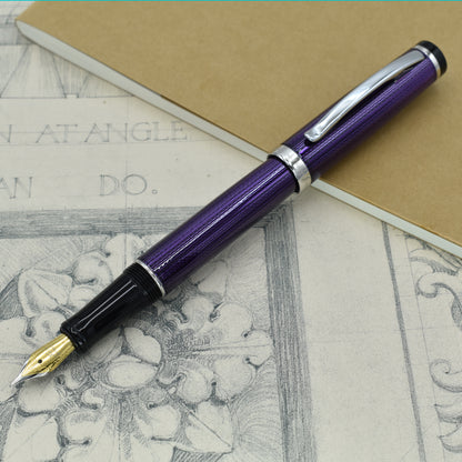 Incognito Purple F Fountain pen with antique architectural sketches and a notebook