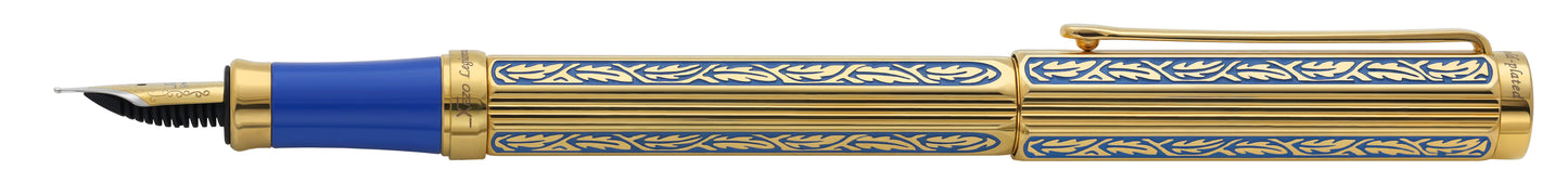 Legionnaire Diamond-Cut Fountain Pen – Finely Hand-Etched Brass, 18K Gold Layered with Egyptian Blue Lacquer, Medium-Fine 0.45 mm Nib