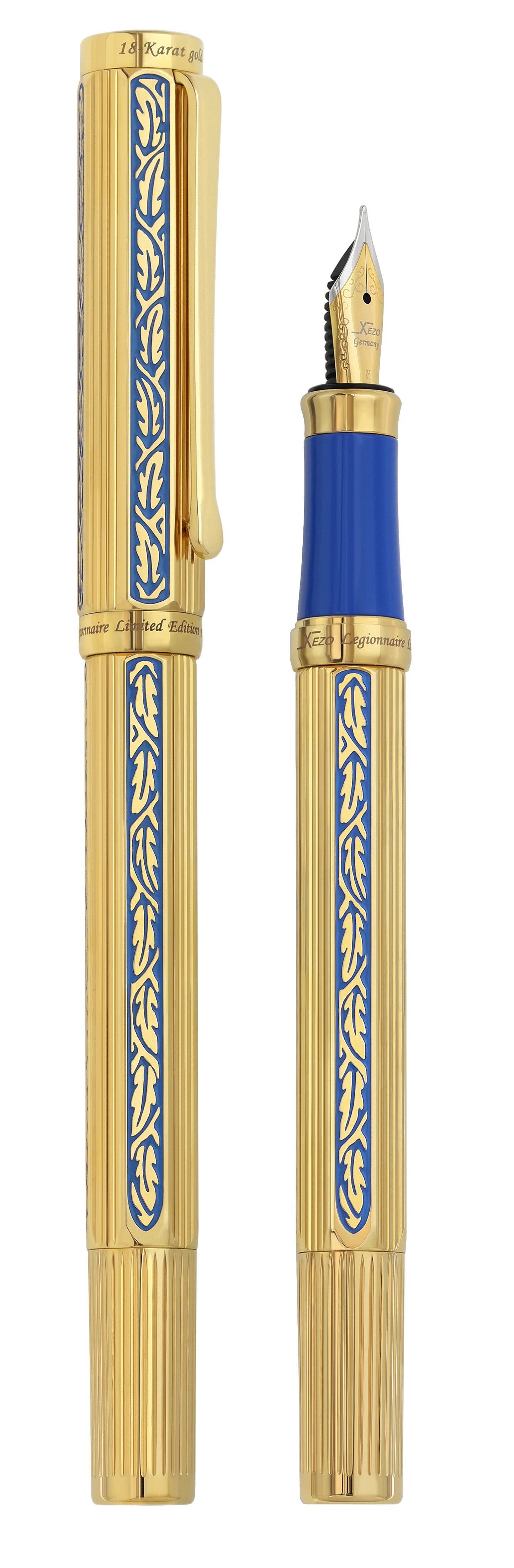 Legionnaire Diamond-Cut Fountain Pen – Finely Hand-Etched Brass, 18K Gold Layered with Egyptian Blue Lacquer, Medium-Fine 0.45 mm Nib