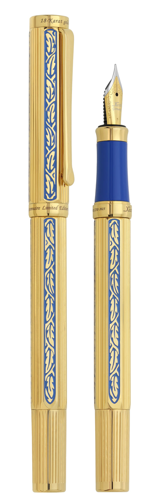 Legionnaire Diamond-Cut 18K Gold-Layered Fountain Pen (Fine 0.35 mm Nib) – Hand-Etched Egyptian Blue Lacquer