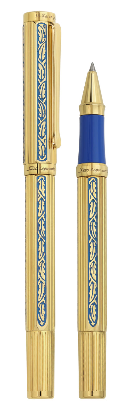 Legionnaire Diamond-Cut 18K Gold-Layered Rollerball Pen – Finely Hand-Etched Egyptian Blue Lacquer, 0.6 mm Fine Point