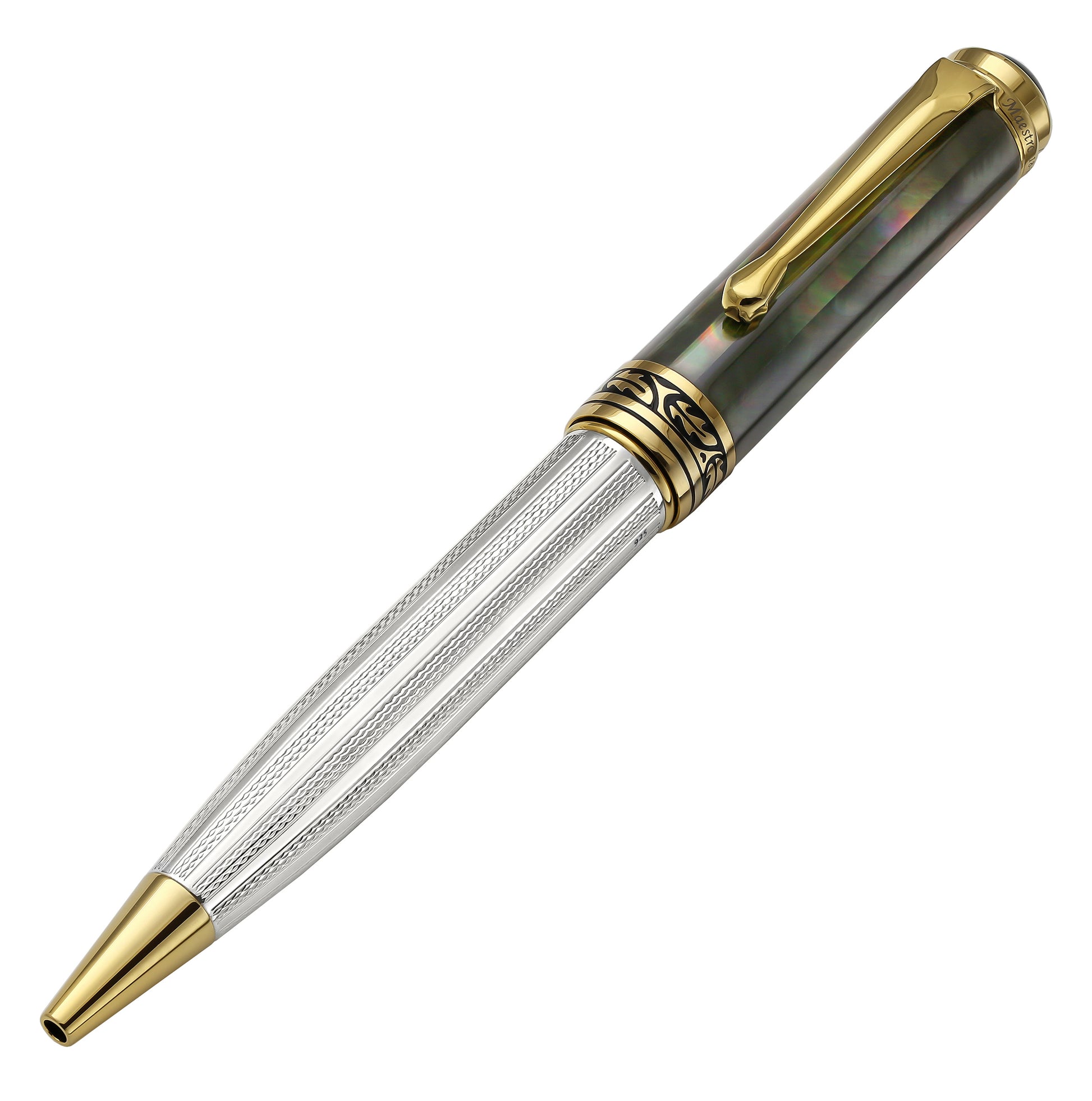 Xezo - Angled 3D view of the front of the Maestro 925 BL MOP BG Ballpoint pen