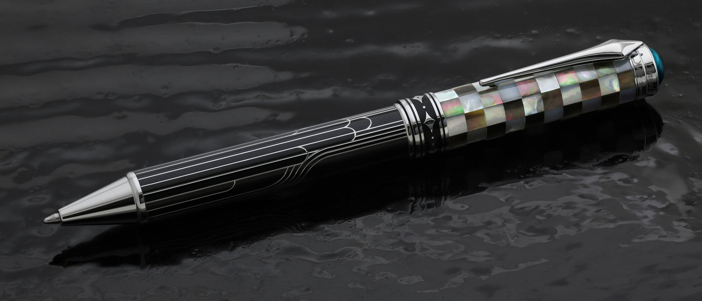 Xezo Maestro® Streamliner BW MOP Labradorite B displayed on a textured dark gray surface.
