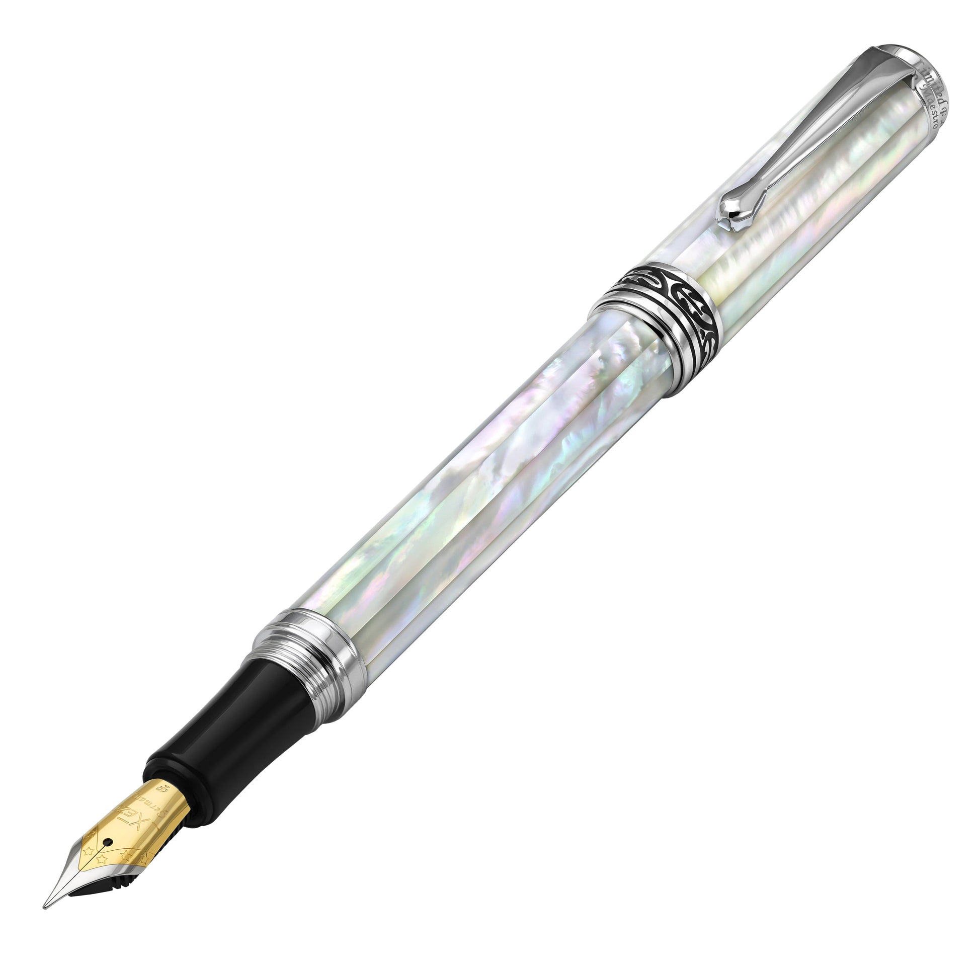 Xezo - Angled 3D view of the front of the Maestro All White MOP Chrome F Fountain pen