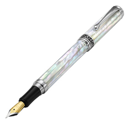 Xezo - Angled 3D view of the front of the Maestro All White MOP Chrome F Fountain pen
