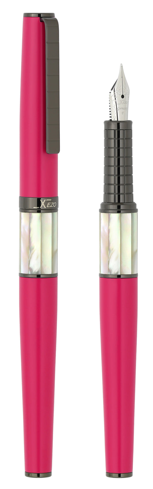 Xezo - Vertical view of two Speed Master Cerise F-WGM Fountain pens; the one on the left is capped, and the one on the right is uncapped