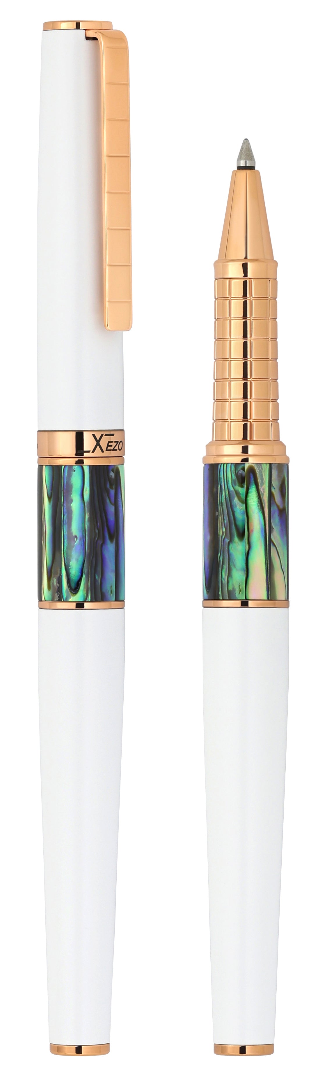 Xezo - Vertical view of two Speed Master White R-ARG Rollerball pens; the one on the left is capped, and the one on the right is uncapped