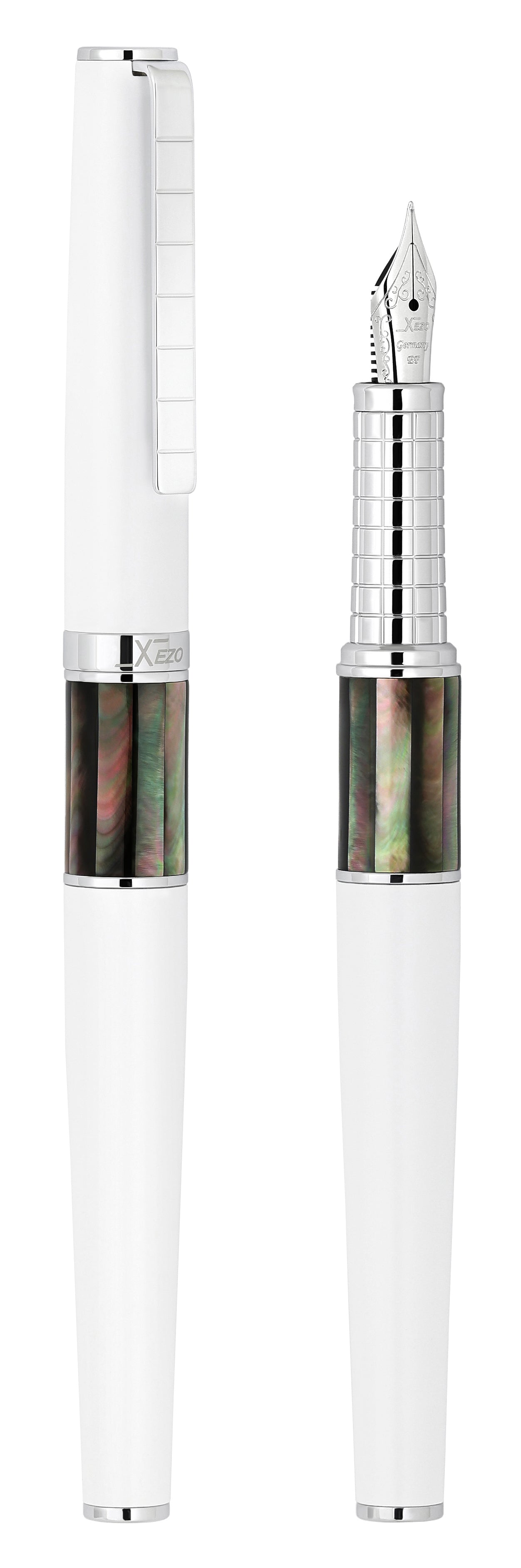 Xezo - Vertical view of two Speed Master White EF-BC Fountain pens; the one on the left is capped, and the one on the right is uncapped