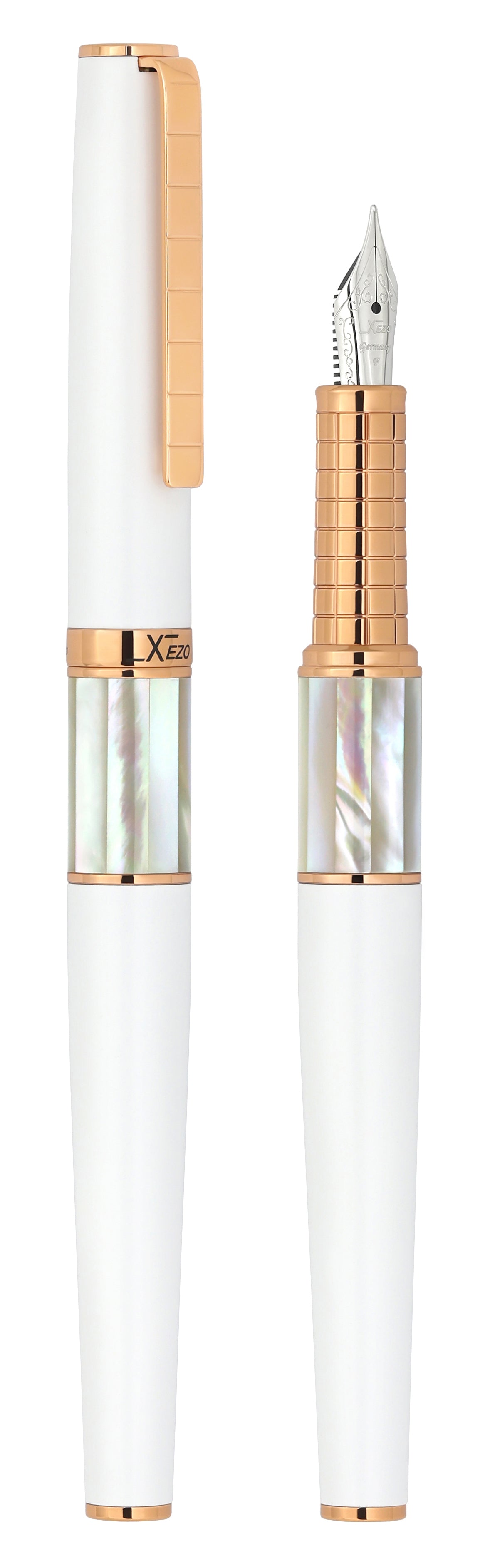 Xezo - Vertical view of two Speed Master White F-WRG Fountain pens; the one on the left is capped, and the one on the right is uncapped