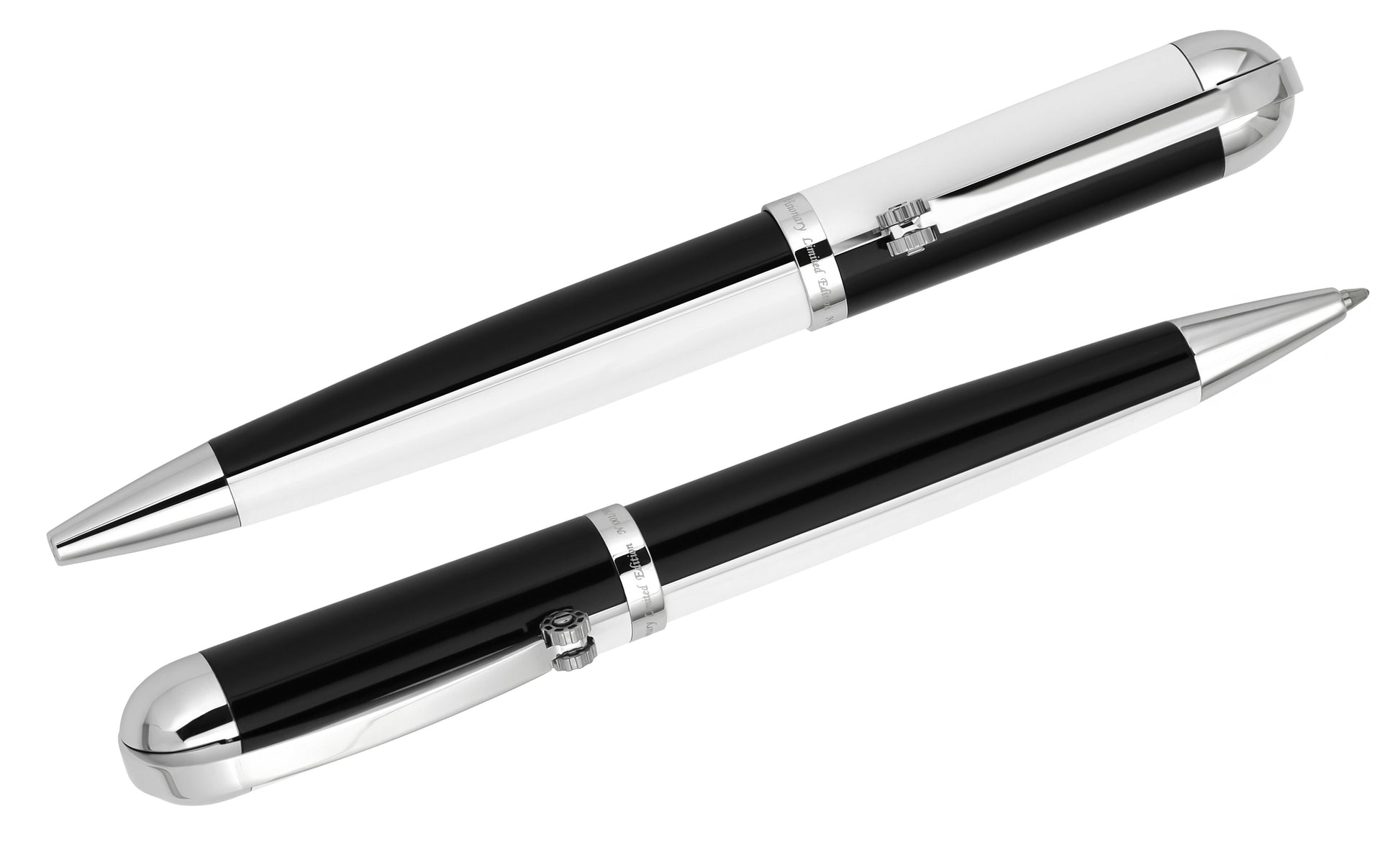 Xezo - Vertical view of two Visionary Black/White B Ballpoint pens; the one on the left has the point in, and the one on the right has the point out