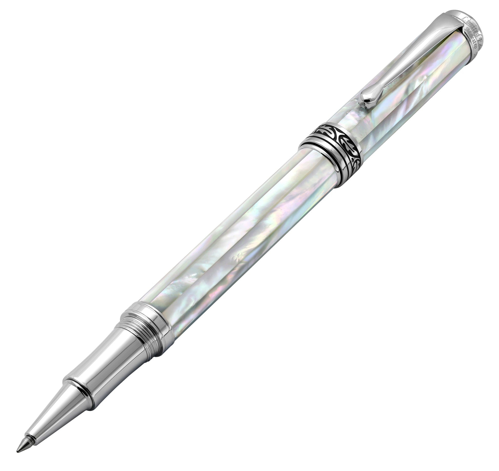 Xezo - Angled 3D view of the front of the Maestro All White MOP Chrome R Rollerball pen