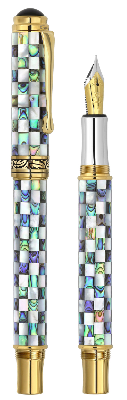 Vertical view of two Maestro Jubilee Classic of the Ocean FG fine fountain pens. The pen on the left is capped, and the pen on the right has no cap