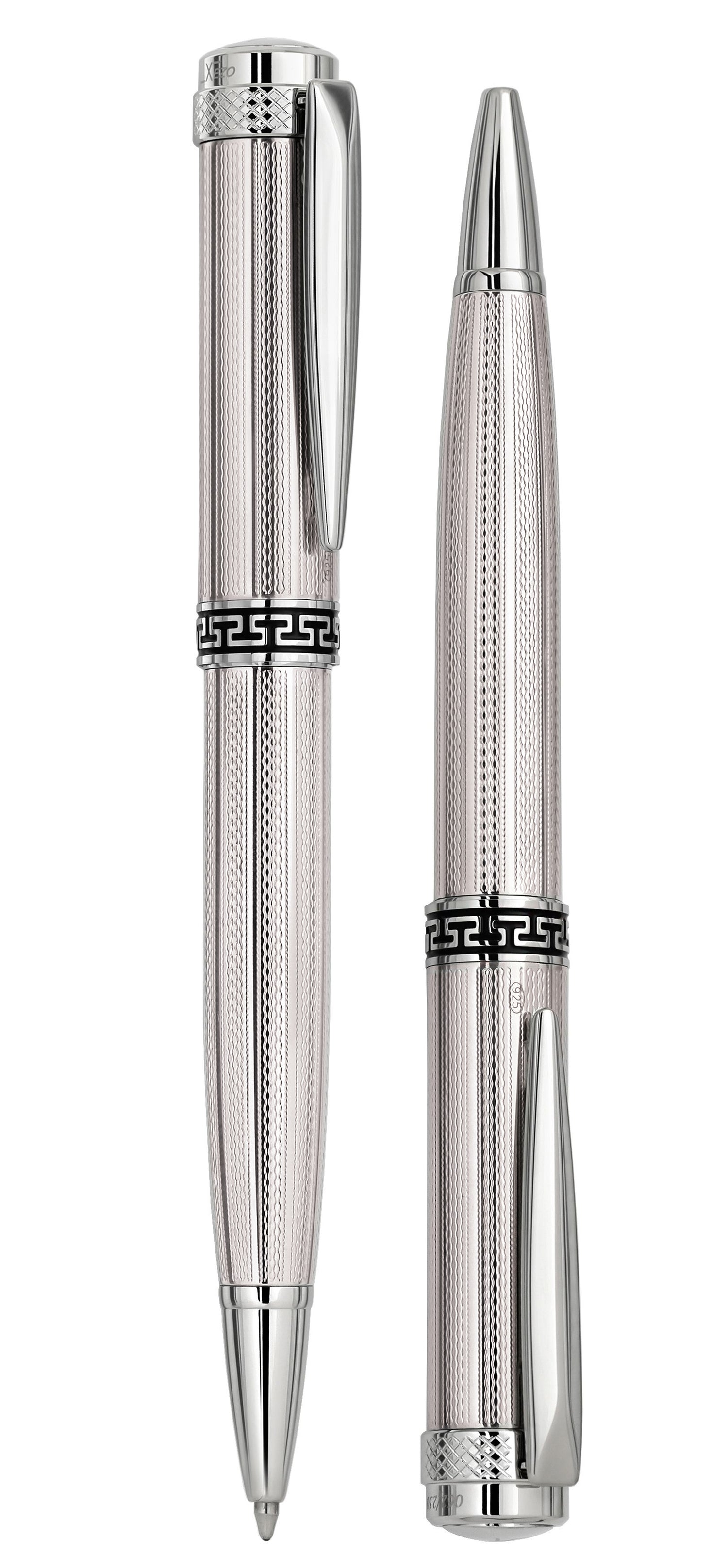 Xezo - Vertical view of two Incognito 925 Sterling Silver B-2 Ballpoint pens; the one on the left shows the point, and the one on the right is retracted