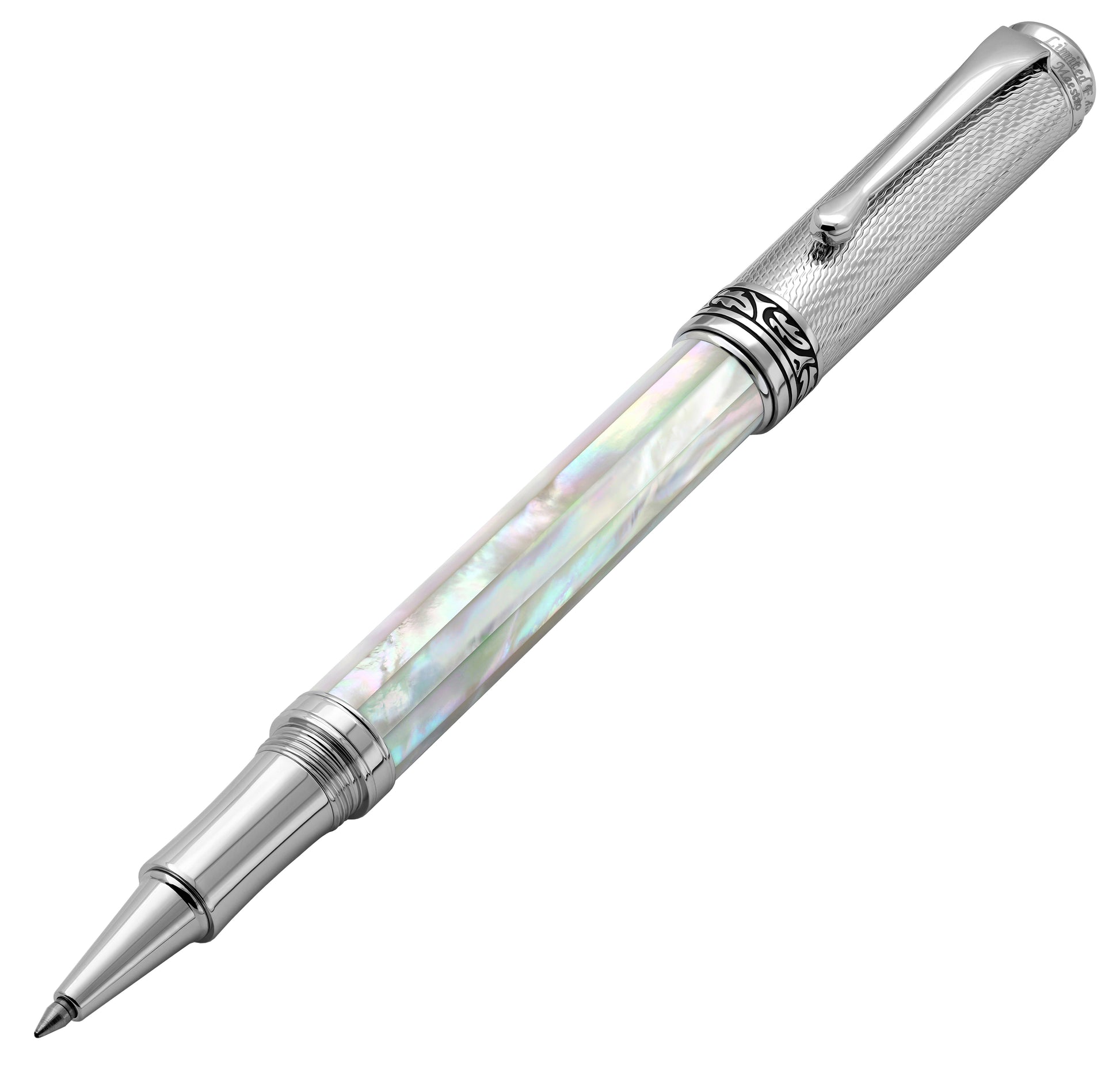 Xezo - Angled 3D view of the front of the Maestro White MOP Chrome R-2 Rollerball pen