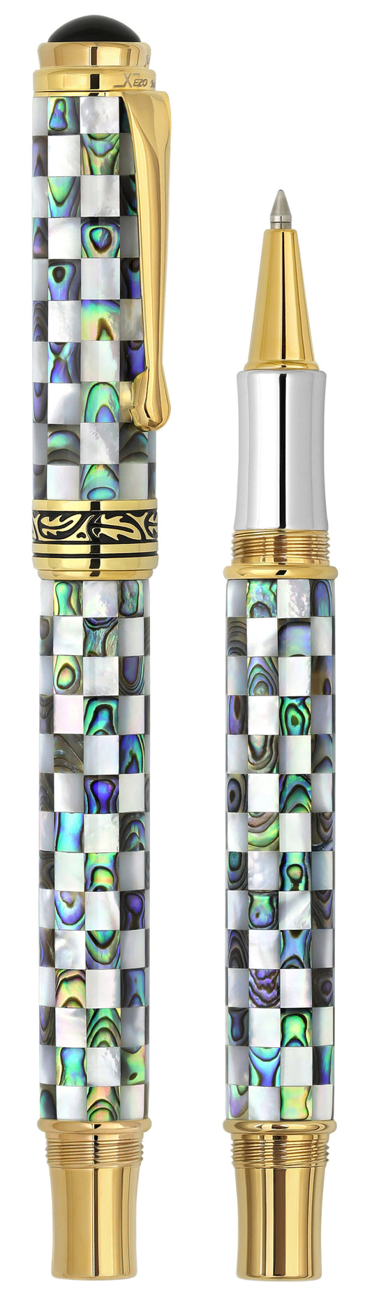 Xezo - Vertical view of two Maestro Jubilee Gold R rollerball pens; the one on the left is capped, and the one on the right is uncapped