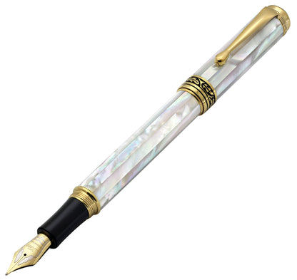 Xezo - Angled 3D view of the front of the Maestro White MOP FM-2 Fountain pen