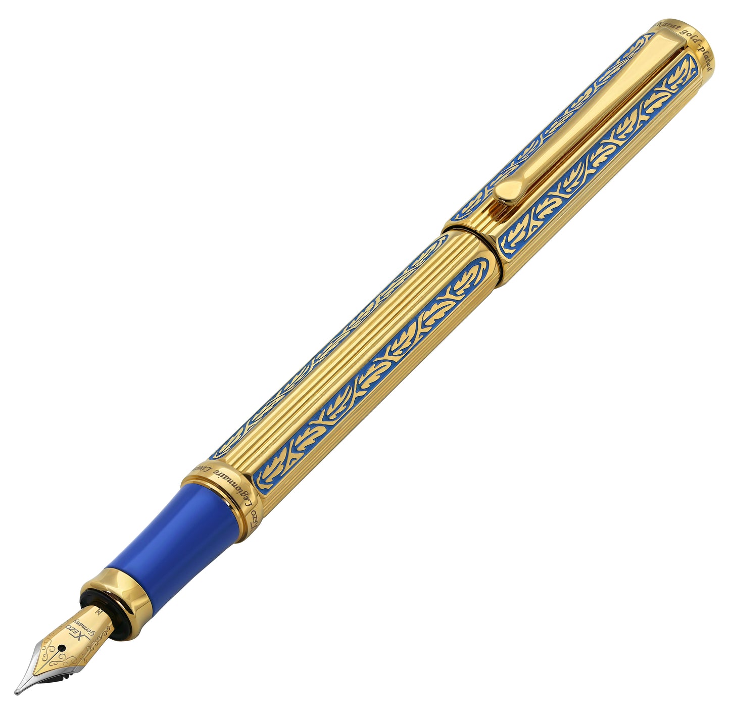 Legionnaire Diamond-Cut Fountain Pen – Finely Hand-Etched Brass, 18K Gold Layered with Egyptian Blue Lacquer, Medium-Fine 0.45 mm Nib