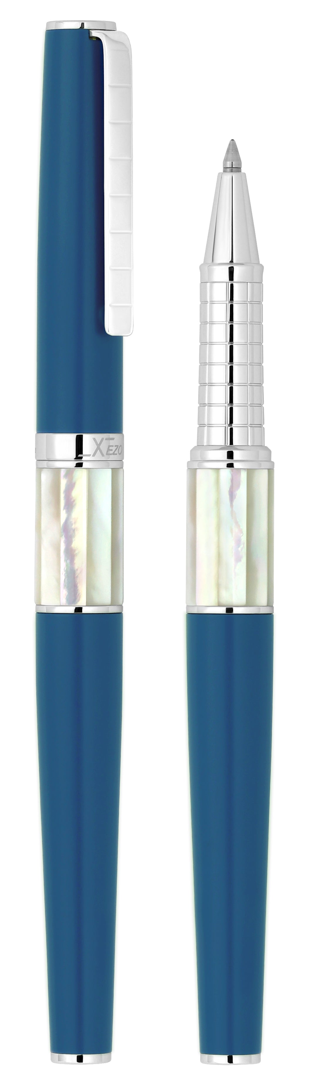 Xezo - Vertical view of two Speed Master Lapis Blue R-WC Rollerball pens; the one on the left is capped, and the one on the right is uncapped
