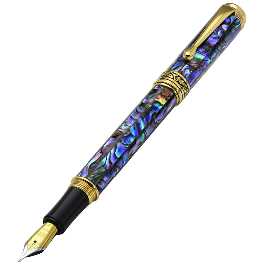 Xezo - Angled front view of the Maestro Sea Shell FPG-1 fountain pen, with the cap posted on the end of the barrel