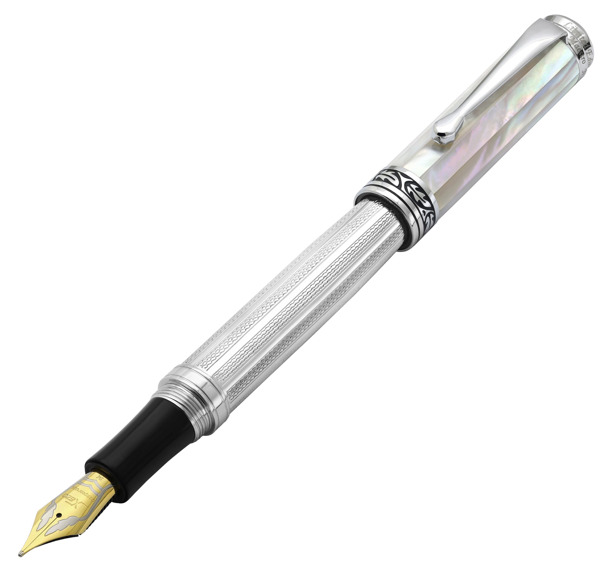 Xezo - Angled 3D view of the front of the Maestro 925 White MOP FM-SL Fountain pen