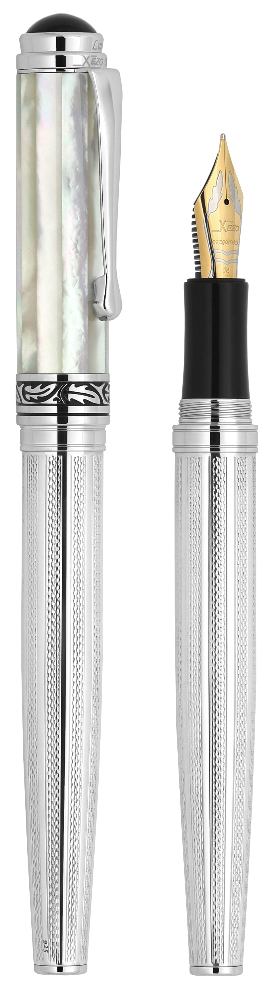 Xezo - Vertical view of two Maestro 925 White MOP FM-SL Fountain pens; the one on the left is capped, and the one on the right is uncapped