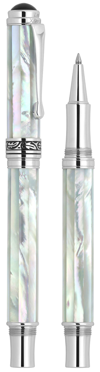 Xezo - Vertical view of two Maestro All White MOP Chrome R Rollerball pens; the one on the left is capped, and the one on the right is uncapped