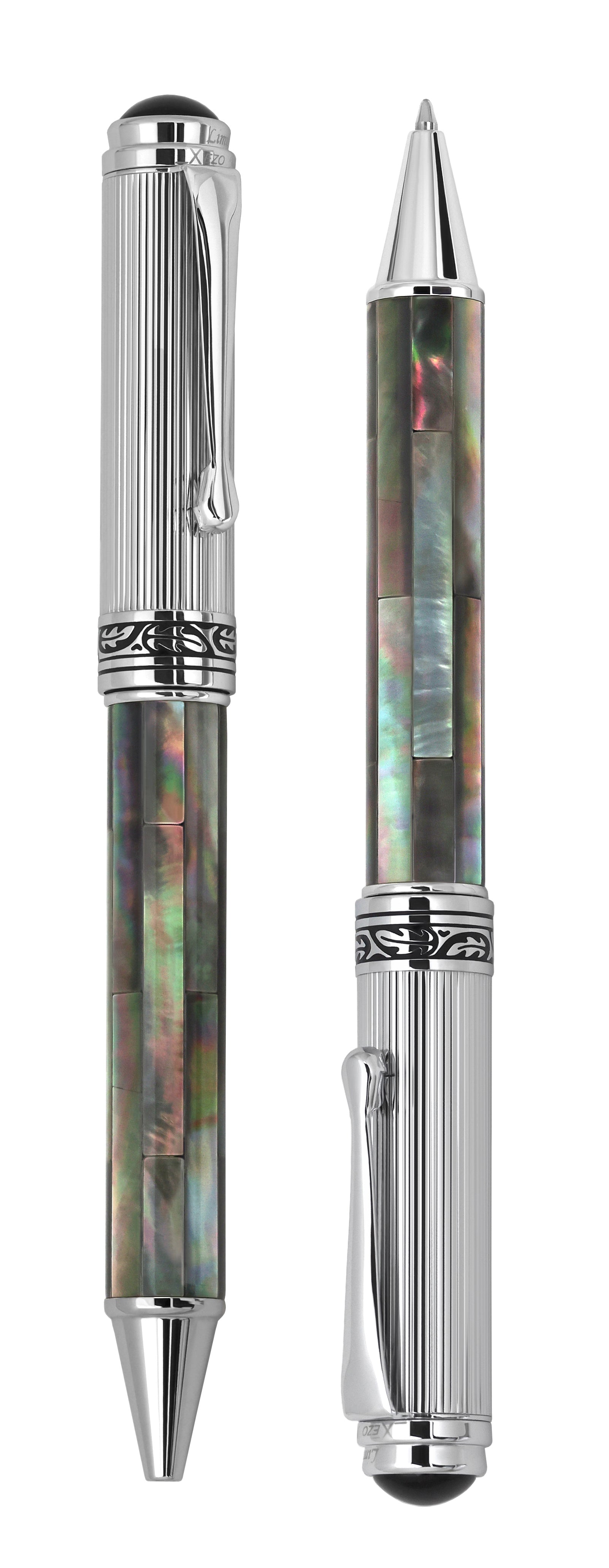 Xezo - Vertical view of two Maestro Black MOP Chrome B Ballpoint pens. One has the tip out, the other does not.