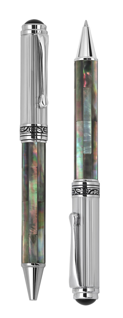 Xezo - Vertical view of two Maestro Black MOP Chrome B Ballpoint pens. One has the tip out, the other does not.