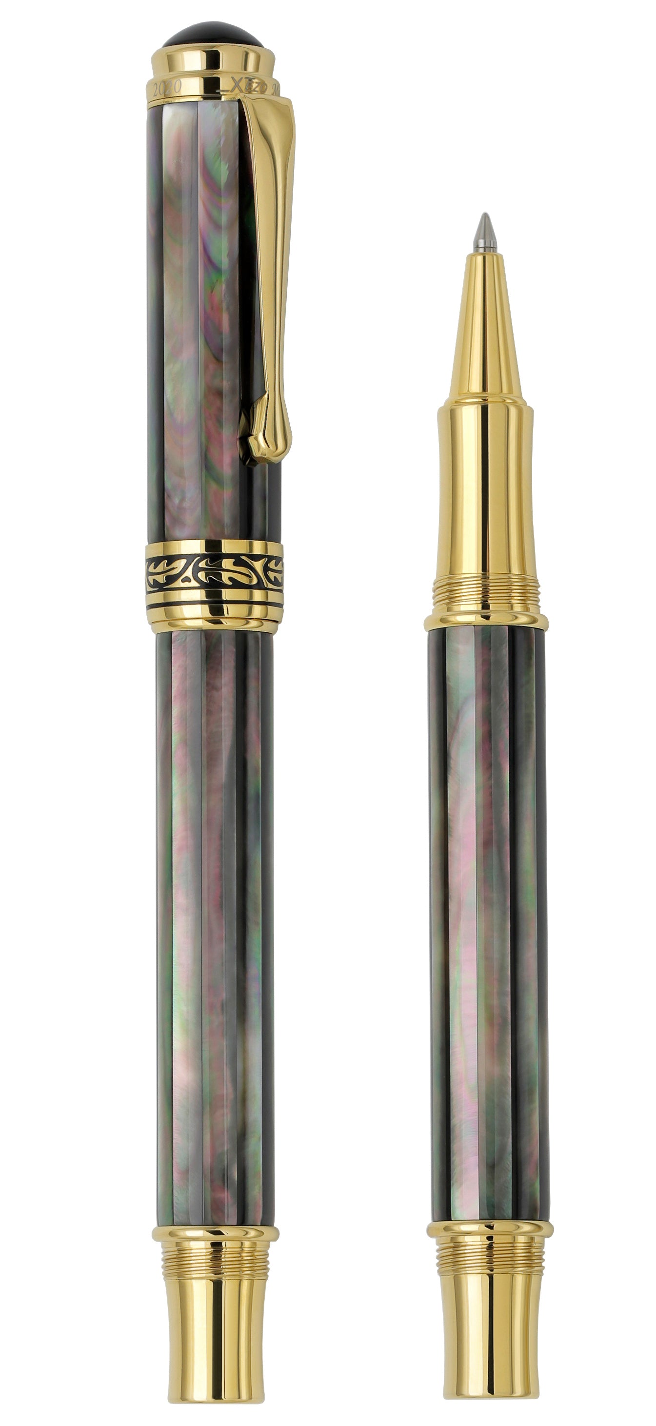 Xezo - Vertical view of two Maestro Tahitian Black MOP R Rollerball pens; the one on the left is capped, and the one on the right is uncapped