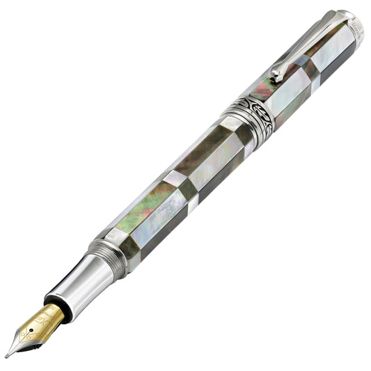 Xezo - Angled front view of the Maestro BW MOP FM1 fountain pen, with the cap posted on the end of the barrel