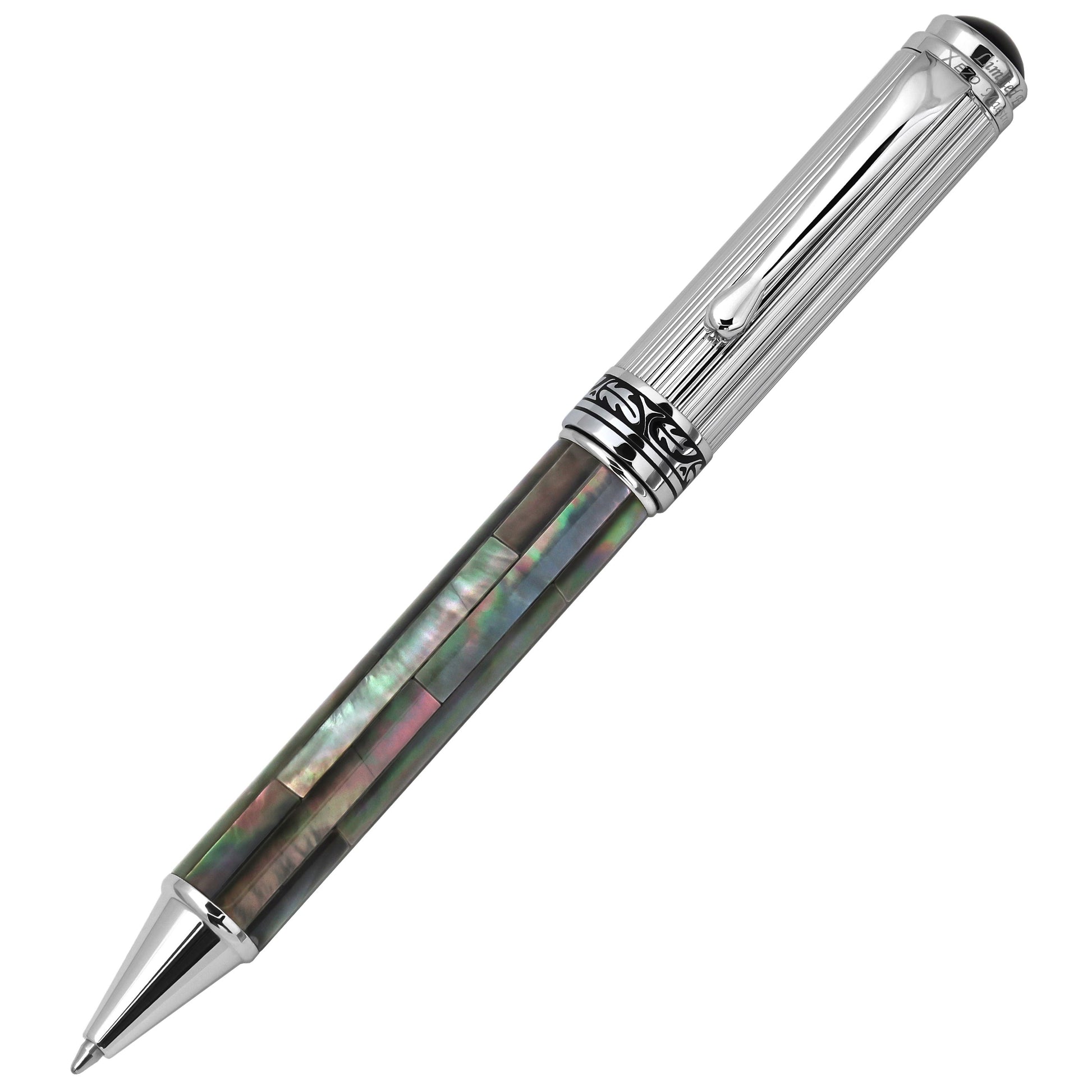 Xezo - Angled 3D view of the front of the Maestro Black MOP Chrome B Ballpoint pen