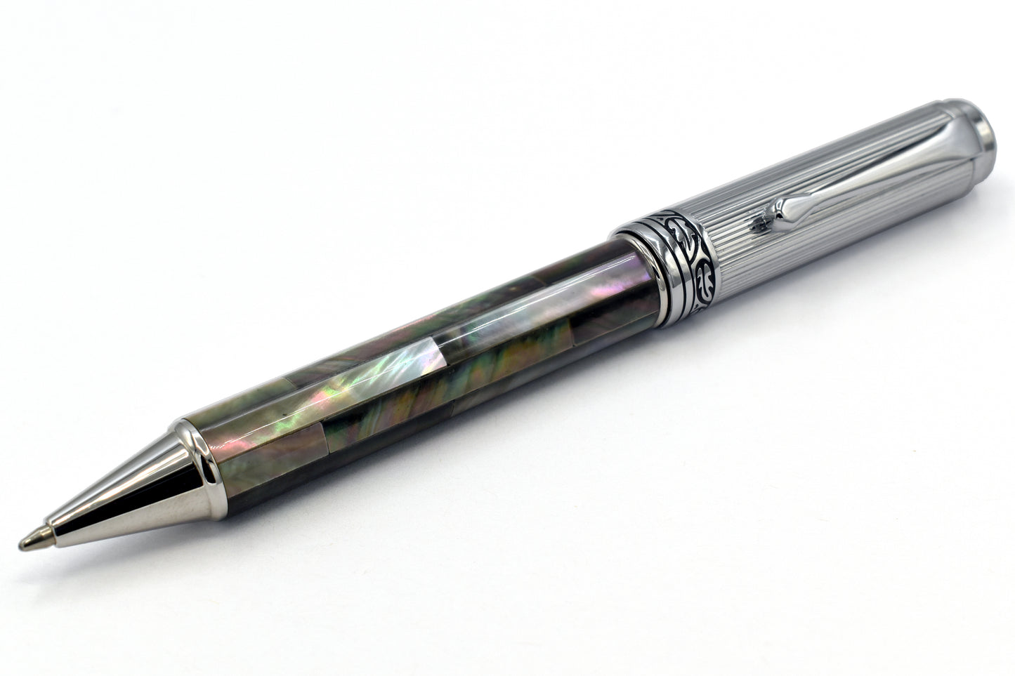 Xezo - Low-angle view of the Maestro Black MOP Chrome B Ballpoint pen