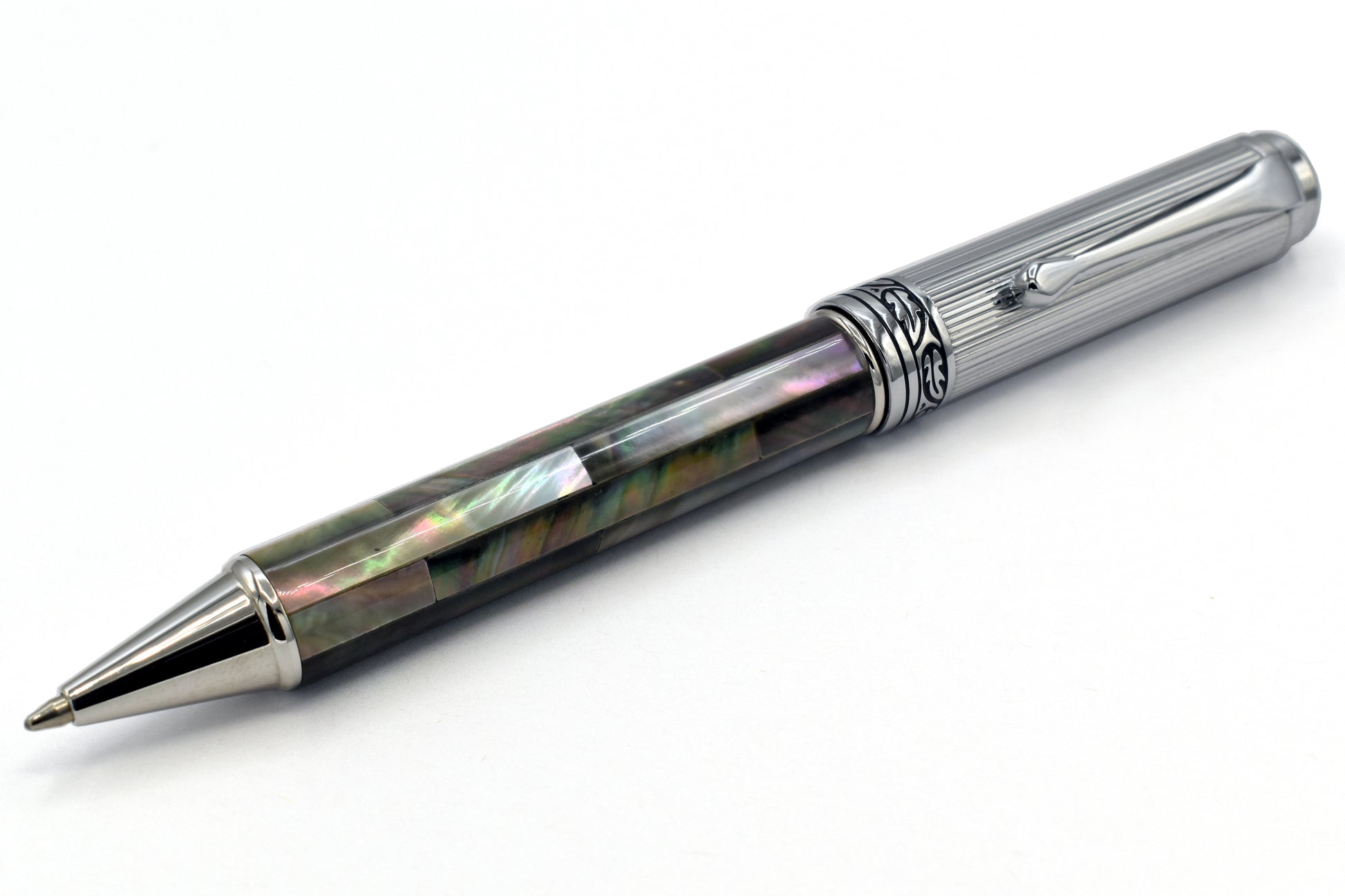 Xezo - Low-angle view of the Maestro Black MOP Chrome B Ballpoint pen