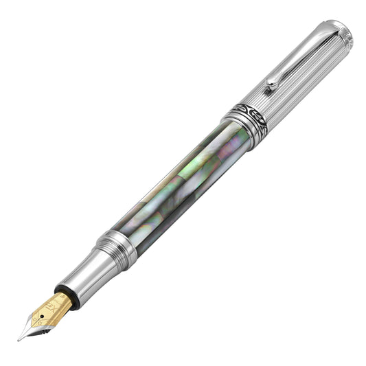 Xezo - Angled 3D view of the front of the Maestro Black MOP Chrome F Fountain pen