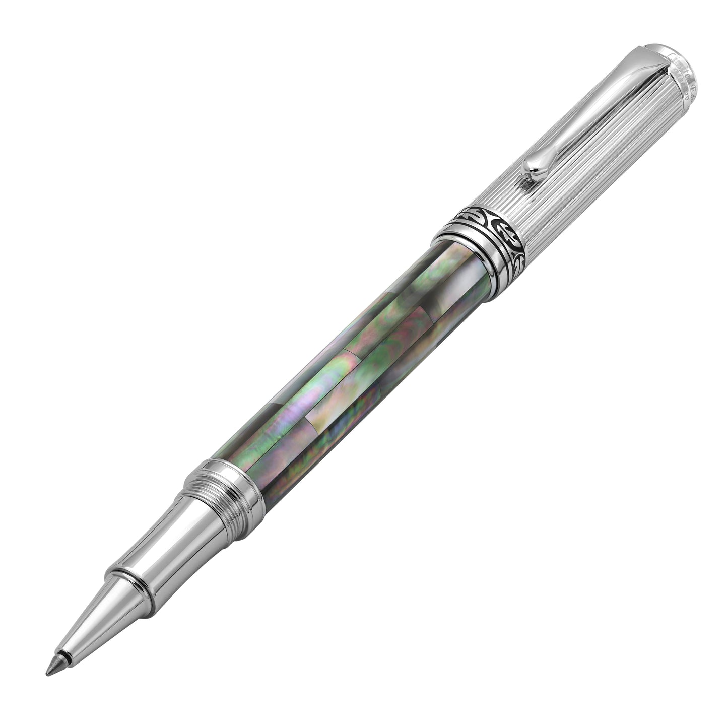 Xezo - Angled 3D view of the front of the Maestro Black MOP Chrome R Rollerball pen