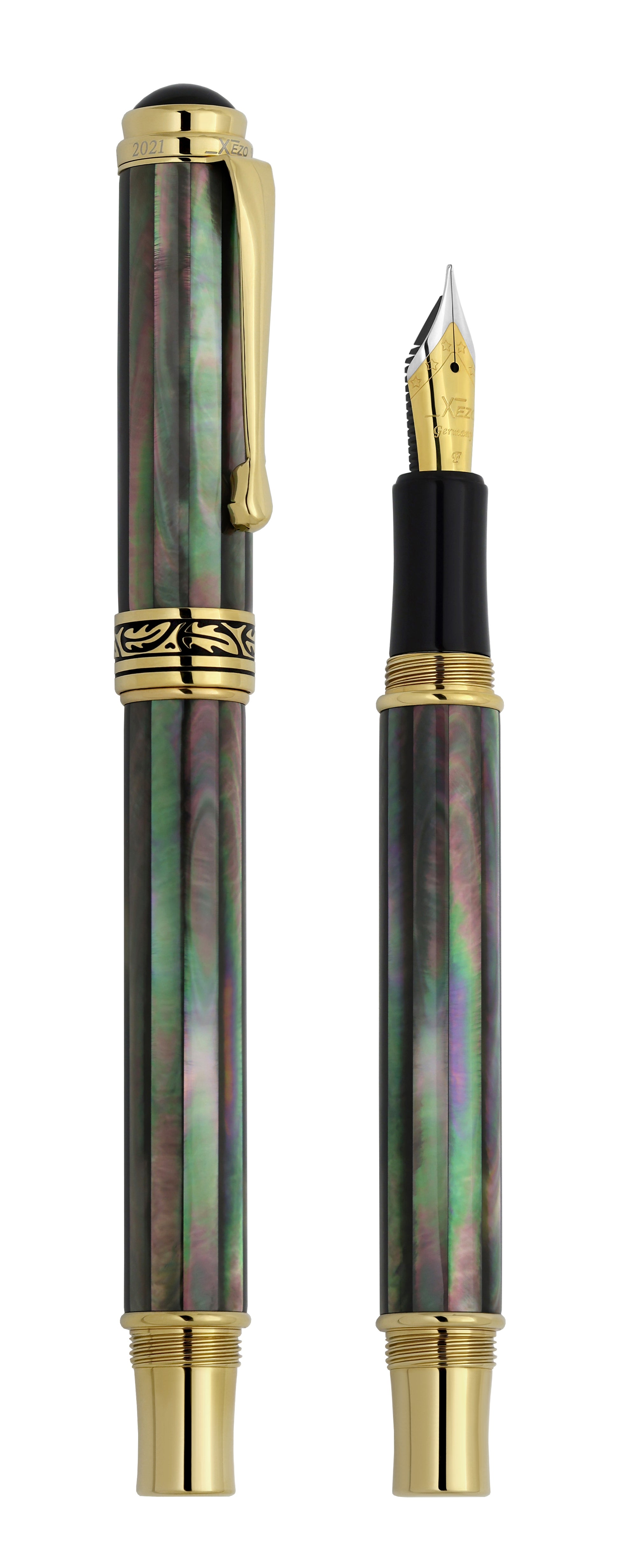 Xezo - Vertical view of two Maestro Tahitian Black MOP F Fountain pens; the one on the left is capped, and the one on the right is uncapped