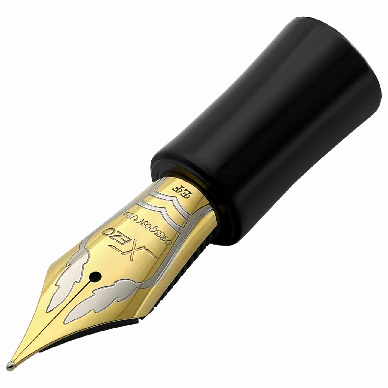 Xezo - Angled 3D view of the Extra Fine Fountain Nib - Finely Etched Leaf Pattern - Black Grip for Select Maestro®,  Maestro® 925 and Maestro® Jubilee Classic of the Ocean Pens