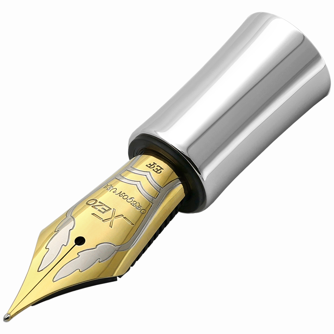 Xezo - Angled 3D view of the Extra Fine Fountain Nib - Finely Etched Leaf Pattern - Platinum Plated Grip for Select Maestro®,  Maestro® 925 and Maestro® Jubilee Classic of the Ocean Pens