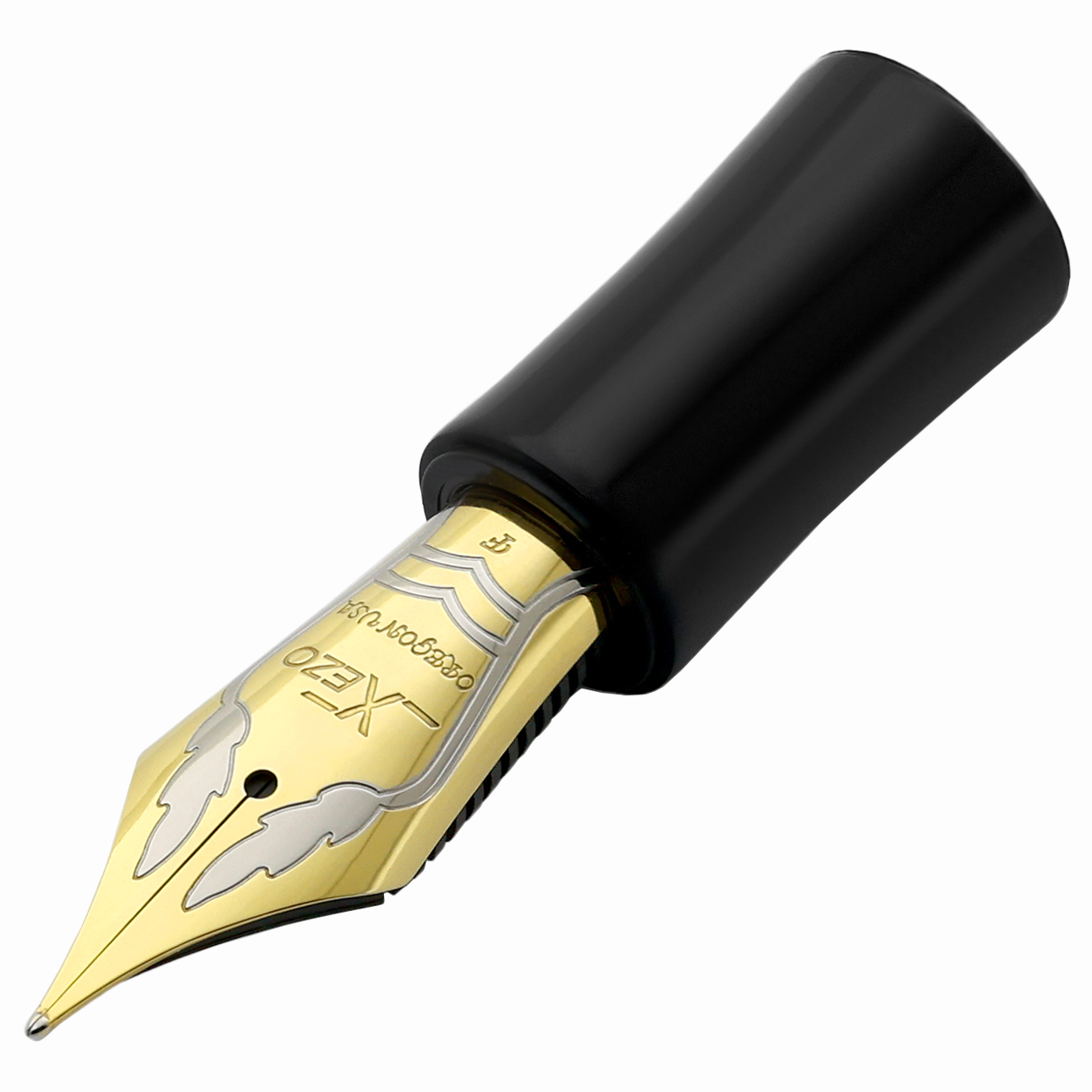 Xezo - Angled 3D view of the Fine Fountain Nib - Finely Etched Leaf Pattern - Black Grip for Select Maestro®,  Maestro® 925 and Maestro® Jubilee Classic of the Ocean Pens
