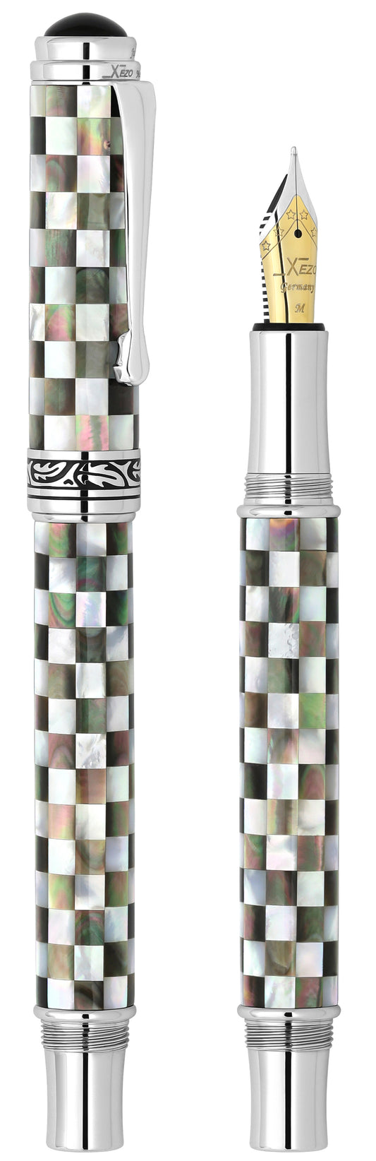 Xezo - Vertical view of two Maestro Jubilee Classic Of The Ocean FM Fountain pens; the one on the left is capped, and the one on the right is uncapped