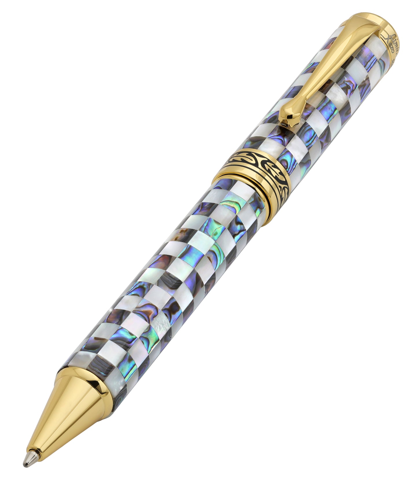 A luxury ballpoint pen with a iridescent mother-of-pearl and paua abalone shell, checkered pattern and polished gold-tone metal accents, shown diagonally on a solid white background.
