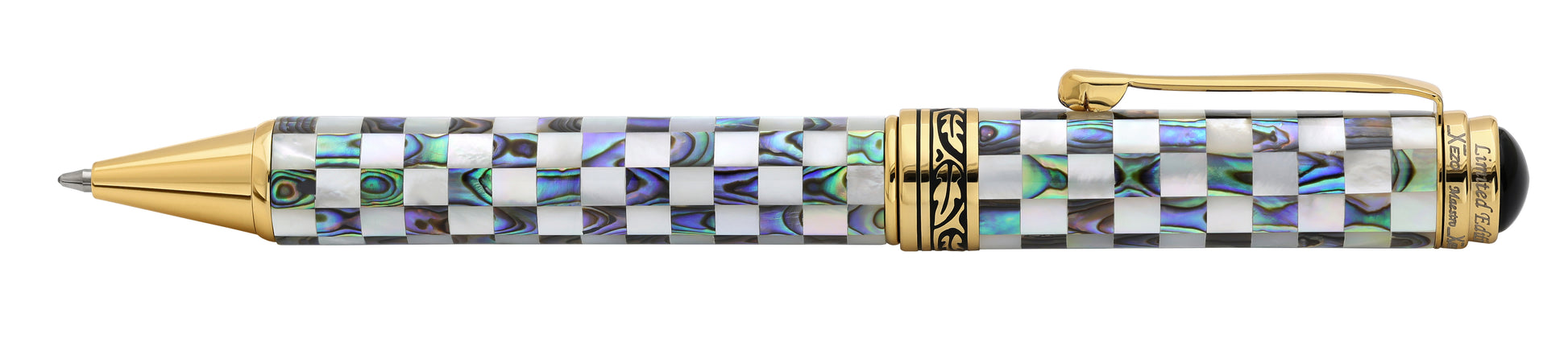 A luxury ballpoint pen with a checkered pattern of iridescent mother-of-pearl and paua abalone shell inlay and polished gold-tone metal accents, including the clip, tip, and trim. Pen laying in horizontal position.