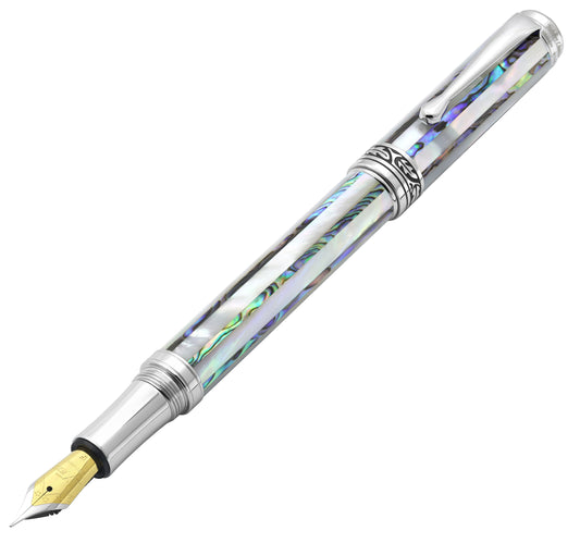 Xezo - Angled 3D view of the front of the Maestro Jubilee MOP Paua Stripe F Fountain pen