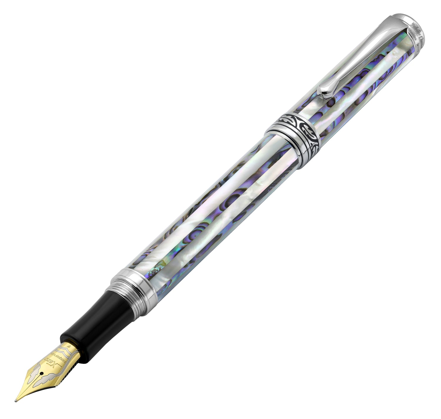 Xezo - Angled 3D view of the front of the Maestro Jubilee MOP Paua Stripe F-1 Fountain pen