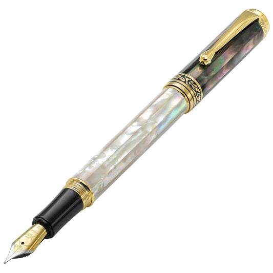 Xezo - Angled front view of the Maestro MOP FG fountain pen (facing left), with the cap posted on the end of the barrel